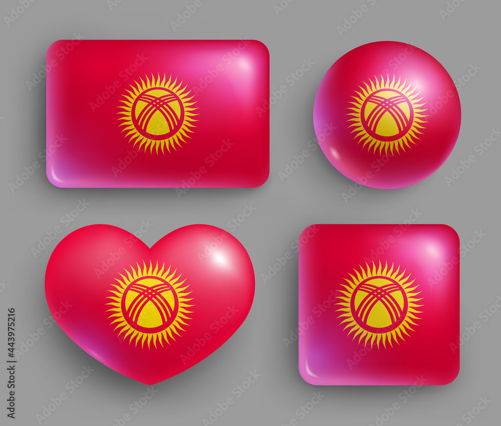 Set of glossy buttons with Kyrgyzstan country flag. Middle Asia country national flag, shiny geometric shape badges. Kyrgyzstan symbols in patriotic colors realistic vector illustration Set of glossy buttons with Kyrgyzstan country flag. Middle Asia country national flag, shiny geometric shape badges. Kyrgyzstan symbols in patriotic colors realistic vector illustration