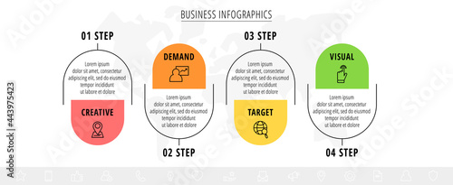 Vector 4 step line infographic labels with icons and squares. Modern timeline concept for chart, levels, web, diagram, banner, presentations, business, diagram, flowchart