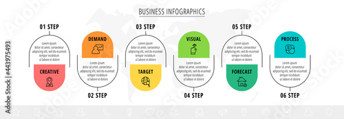 Vector 6 step line infographic labels with icons and squares. Modern timeline concept for chart, levels, web, diagram, banner, presentations, business, diagram, flowchart