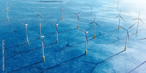 風を受けて回る海上風力発電の風車 / 再生可能エネルギー・サステナブル・脱炭素社会のコンセプトイメージ / 3Dレンダリンググラフィックス
 photo