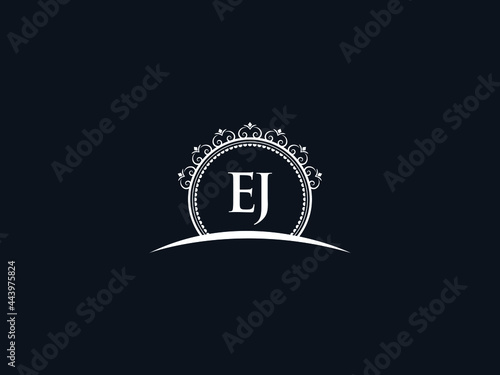 Luxury EJ Letter, initial Black ej Logo Icon Vector For Hotel Heraldic Jewelry Fashion Royalty With Brand Identity and Print Template Image