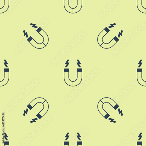 Blue Magnet icon isolated seamless pattern on yellow background. Horseshoe magnet, magnetism, magnetize, attraction. Vector