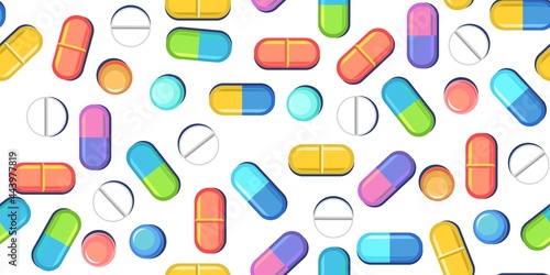 Medicines seamless pattern. Illustration with pills. Concurrency. Medicinal drugs. Pharmaceuticals. Ambulance. Pharmacy. Flat design. Vector