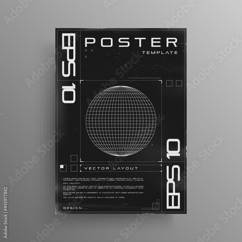 Retro cyberpunk poster with wireframe planet and trendy cyber elements. Black and white retrofuturistic poster design with HUD elements. Cover design layout for music events. Vector