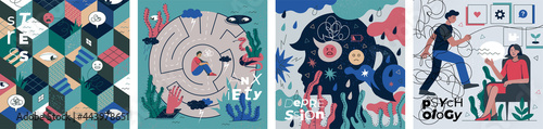 Psychology, stress, anxiety and depression abstract banner set. Visualization psychedelic human thinking, reasoning and emotion. Mind disorder illness problems. Medical treatment mental vector posters