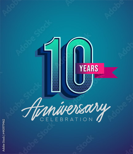 10th Anniversary Logo Design With Ribbon, Elegant Anniversary Logo With Blue Color, Design for banner and invitation card of anniversary celebration.