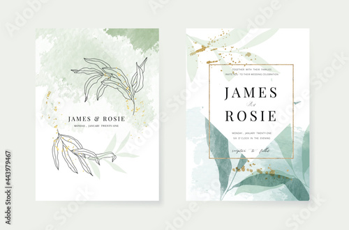 Minimal green tropical Wedding Invitation, floral invite thank you, rsvp modern card Design in  golden line decorative Vector elegant rustic template