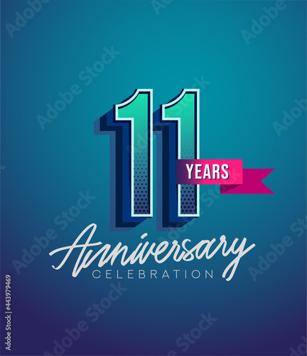 11th Anniversary Logo Design With Ribbon, Elegant Anniversary Logo With Blue Color, Design for banner and invitation card of anniversary celebration.