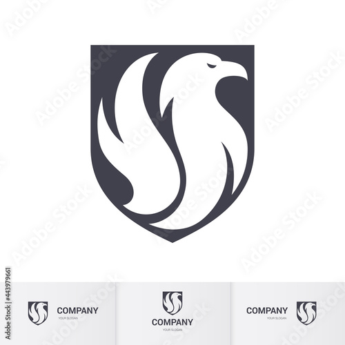 Creative White Eagle Logo Inside Shield. Concept Inspiration Template. Modern Professional Hawk Logo Design. Phenix Head Logo Illustration