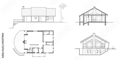 Archtectural project: floor plan, fasades and cross section suburban house. Drawing of the modern building. Cottage project on white background. Vector blueprint.