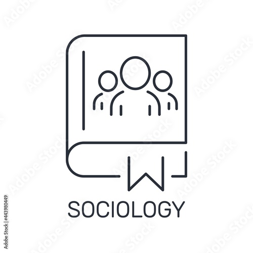 A book about society, its constituent systems and the laws of its functioning and development. Sociology. Vector linear icon isolated on white background.