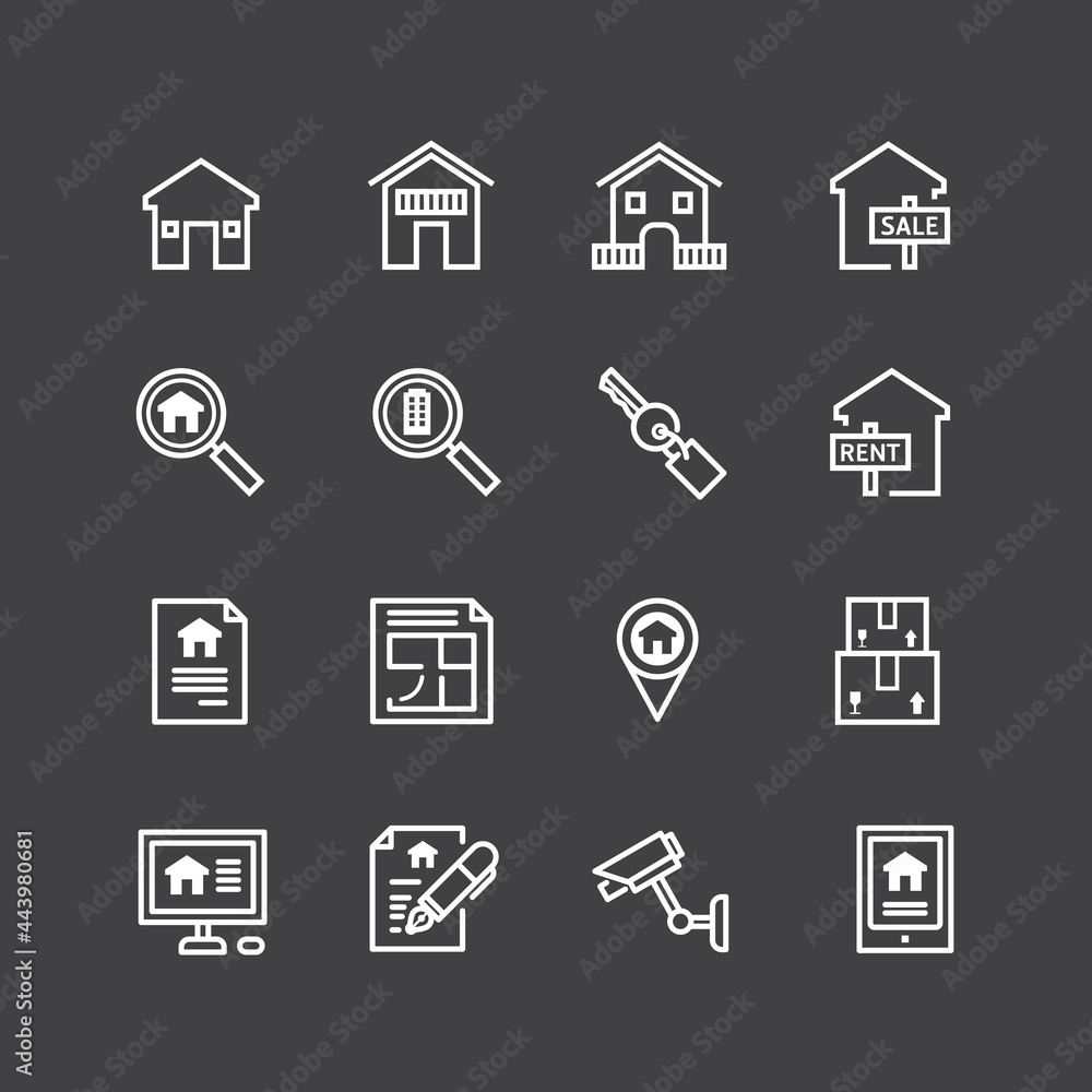 Vector flat icons set of business office tools outline concept.