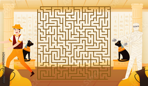 Colourful riddle labyrinth for kids with archaelogist trying to run away from mummy in cartoon style, ancient egypt concept, with cat statue, underground pyramid adventure, game for children