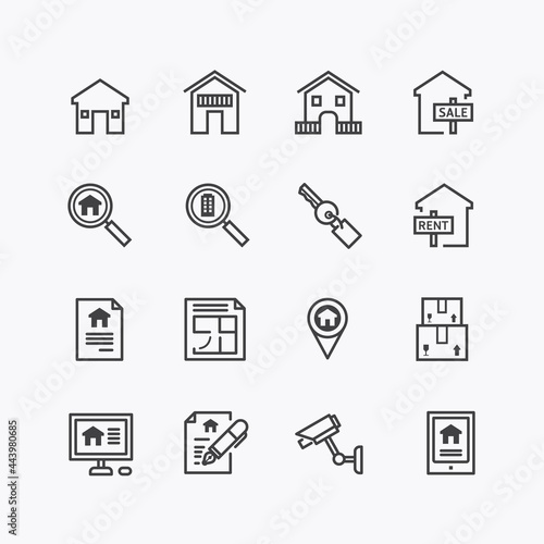 Vector flat icons set of business office tools outline concept.