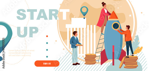 Entrepreneurship, teamwork, financial support, investment, franchising concept landing page. People are building a spaceship rocket. Enterprise system, business startup, venture vector illustration. 