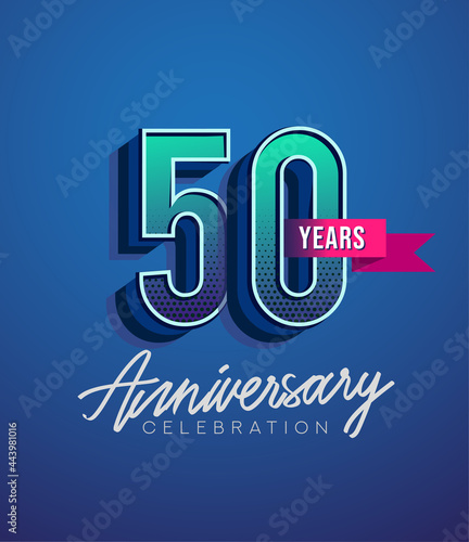 50th Anniversary Logo Design With Ribbon, Elegant Anniversary Logo With Blue Color, Design for banner and invitation card of anniversary celebration.