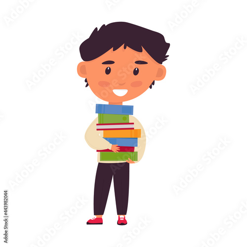 pupil with books. Сute cartoon schoolboy holding large stack of textbooks. Isolated image of character on white background. Back to school. Vector illustration, flat