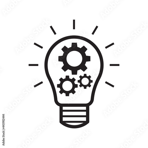 Light bulb and cog inside, Gear in lightbulb, Artificial intelligence, Thinking idea and innovation concept, Graphic design element, Vector illustration