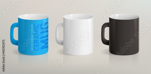 Corporate ceramic mugs set for blank Mockup design. Blue, white, black mug mockup template for branding identity. Realistic vector illustration