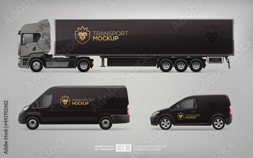 Set of Black Truck Trailer, Cargo Van, Delivery Car with logo concept. Graphics design for transport Brand identity and Advertising. Set of delivery service Transport mockups