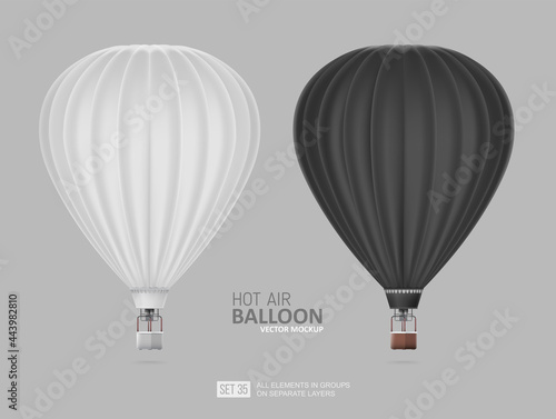 Realistic Hot Air Balloon white and black color - vector Mockup Template for branding design. Aerostat Balloon isolated on grey background. Air transport blank mockup template