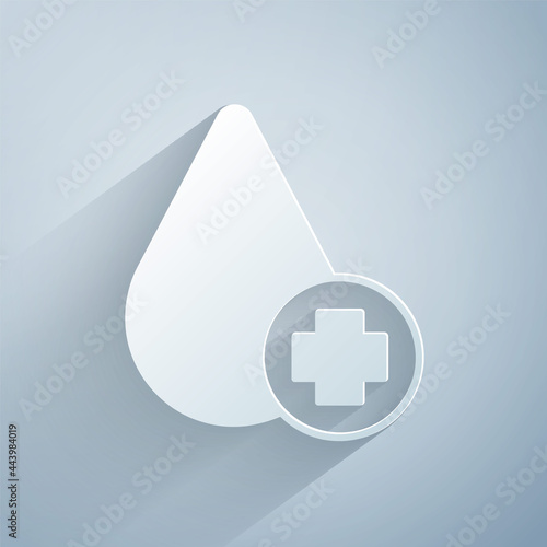 Paper cut Donate drop blood with cross icon isolated on grey background. Paper art style. Vector