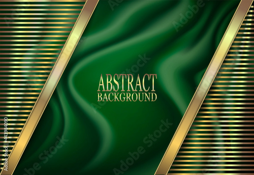 Abstract background for design. Satin, green draped fabric with gold decor.