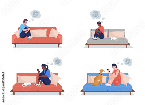 Lonely teenage boy and girl semi flat color vector character set. Sitting figures. Full body people on white. Teens isolated modern cartoon style illustration for graphic design and animation pack