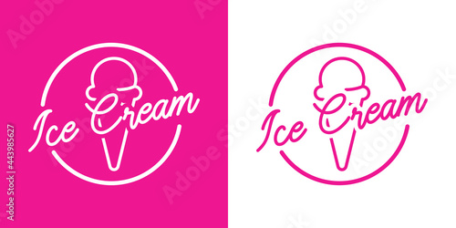 Logotipo con texto Ice Cream con helado de cono en círculo con lineas en fondo rosa y fondo blanco