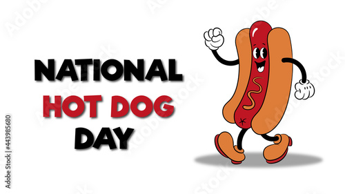 National Hot Dog Day July 21. Cartoon hot dog with mustard, American flag, and lettering. Food concept. Poster, card, banner.