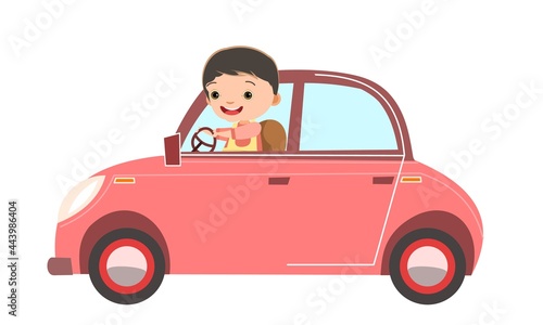 Childrens car. Kid rides on pink retro automobile. Toy vehicle. With a motor. Cute passenger auto. Isolated on white background. Vector