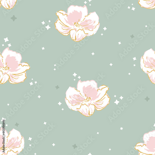 Vector Cute Sparkling Pink Roses on Sage Green seamless pattern background. Perfect for fabric, scrapbooking and wallpaper projects.