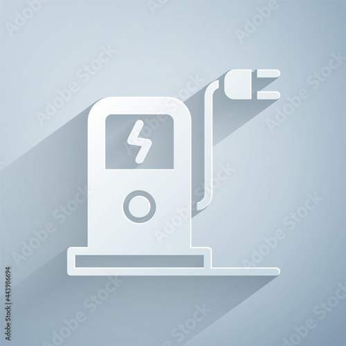 Paper cut Electric car charging station icon isolated on grey background. Eco electric fuel pump sign. Paper art style. Vector