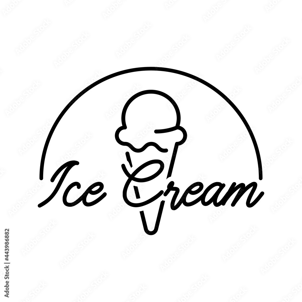 Logotipo con texto Ice Cream con helado de cono en círculo con lineas en color negro Logotipo con texto Ice Cream con helado de cono en círculo con lineas en color negro