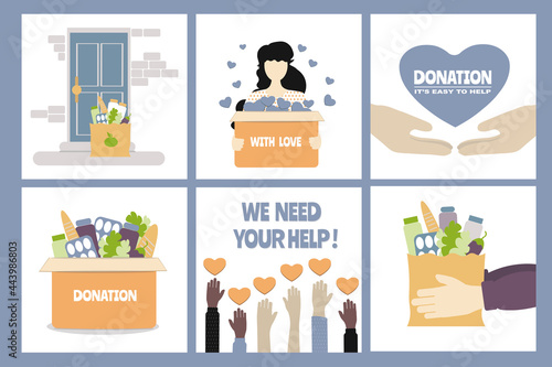 Set of vector illustrations on the topic of help and donations to those in need. Delivery of groceries, a girl holds out a box with love, a bag of groceries and so on