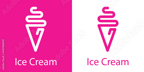 Logotipo con texto Ice Cream con helado de cono minimalista con lineas en fondo rosa y fondo blanco