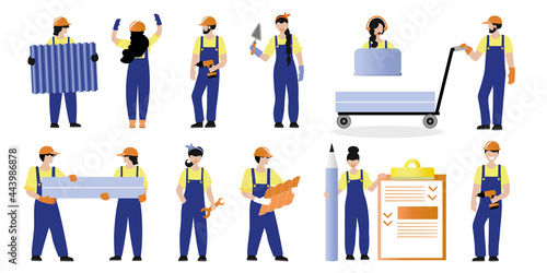 Set of vector illustrations of people builders. Construction workers and related positions. People in uniform with items for construction