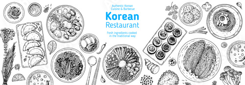 Korean food top view illustration. Hand drawn sketch. Bibimbap, kimchi, kimbap, dumplings mandu, noodles, skewers. Korean street food, take away menu design. Vector illustration. photo