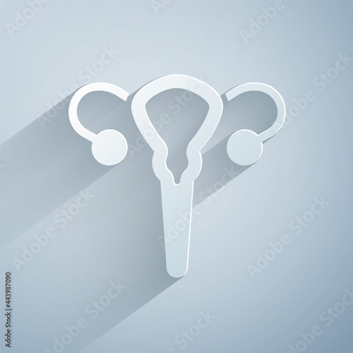 Paper cut Female reproductive system icon isolated on grey background. Anatomy. Gynecology. Woman health. Paper art style. Vector