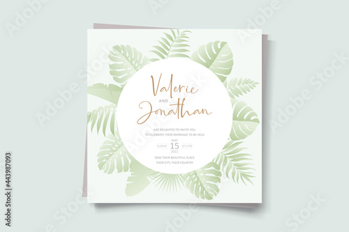 Wedding invitation template with tropical leaf design