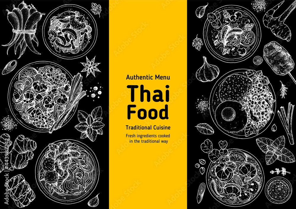 Thai food top view vector illustration. Food menu design template. Hand ...