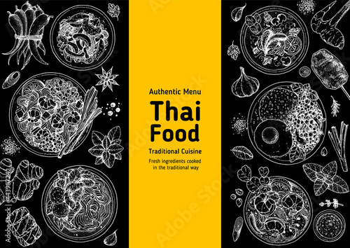 Thai food top view vector illustration. Food menu design template. Hand drawn sketch. Thai food menu. Vintage style. Pad thai, pad krapow gai, tom yum, tom kha gai, thai noodle soup