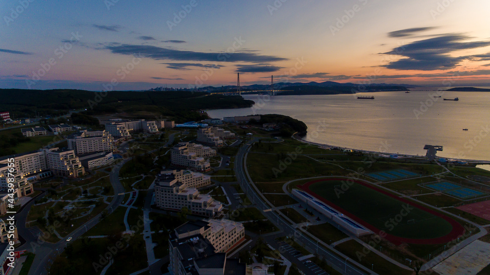 Far Eastern Federal University. View from above. FEFU educational and residential buildings at dawn. Twilight on the FEFU campus.