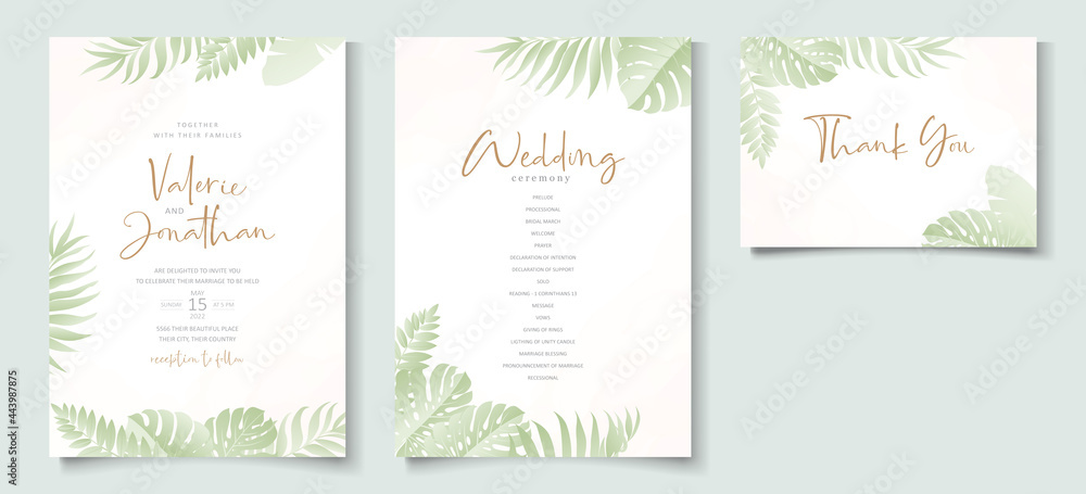 Wedding invitation template with tropical leaf design