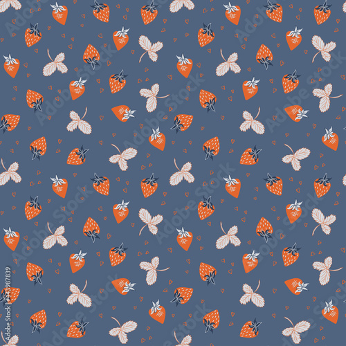 Abstract strawberry seamless pattern in simple hand drawn style. Red berries, leaves, hearts on navy background. Vector illustration for textiles, wrapping, summer sales banner, valentine party.