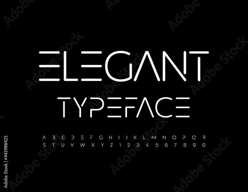 Vector Elegant Typeface. Minimal style Font. White cosmic Alphabet Letters and Numbers set