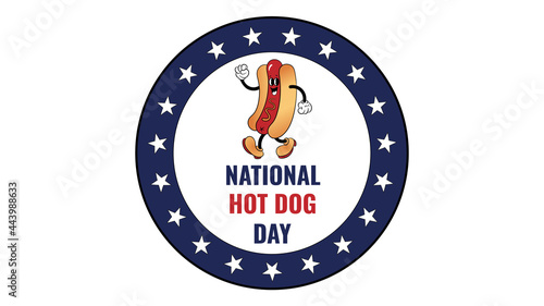National Hot Dog Day July 21. Cartoon hot dog with mustard, American flag, and lettering. Food concept. Poster, card, banner.