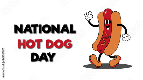 National Hot Dog Day July 21. Cartoon hot dog with mustard, American flag, and lettering. Food concept. Poster, card, banner.