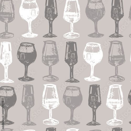 Vector grey monochrome rows of wine glasses sketch seamless pattern. Perfect for fabric, restaurant menu and wallpaper projects.