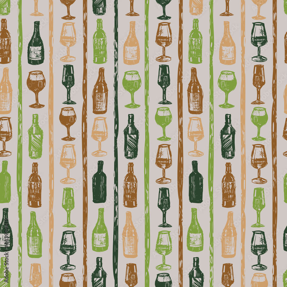 Vector grey wine bottles and glasses sketch doodle vertical stripe seamless pattern. Perfect for fabric, restaurant menu and wallpaper projects. Vector grey wine bottles and glasses sketch doodle vertical stripe seamless pattern. Perfect for fabric, restaurant menu and wallpaper projects.